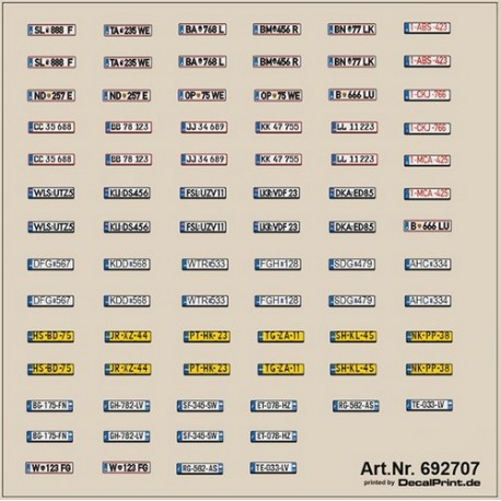 Planche de décalcomanies de plaques d'immatriculation européennes modernes