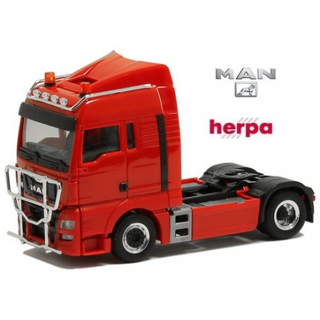 MAN TGX XLX E6 Tracteur solo caréné rouge avec rampes de feux chromées et gyrophares