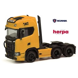 Scania CS 20 HD Tracteur solo caréné 6x2 jaune avec rampe de feux, jantes et pare-buffles