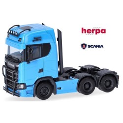 Scania CS 20 HD Tracteur solo caréné 6x2 bleu avec rampe de feux, jantes et pare-buffles noirs