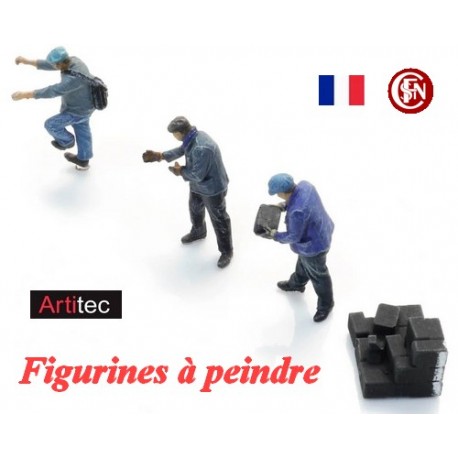 Set de 3 cheminots chargean des briquettes (figurines à peindre)